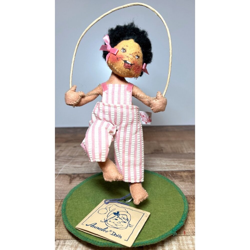 RARE Annalee Dolls 1993 Vintage Girl Jump Rope Figurine In Pink Striped Overalls